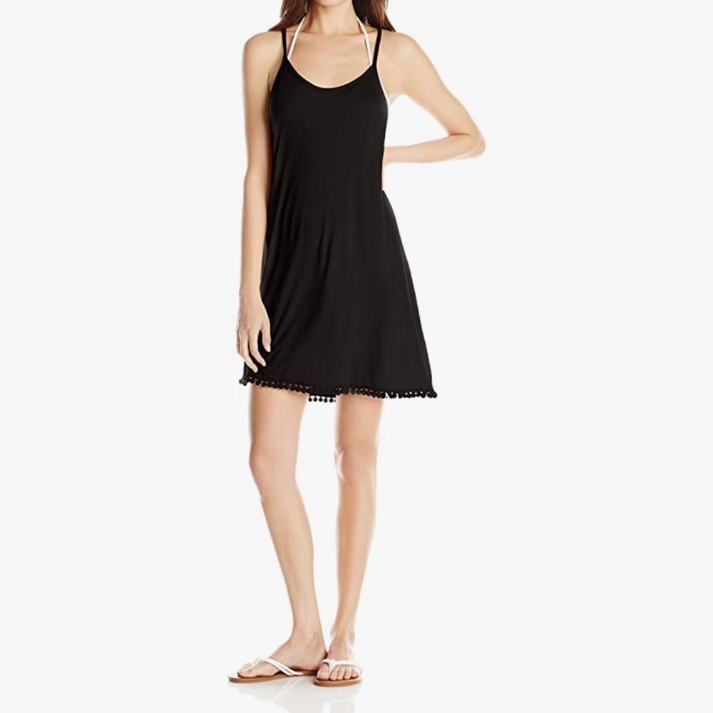Black Pom Pom Trim Cover Up Dress Beach Resort Casual